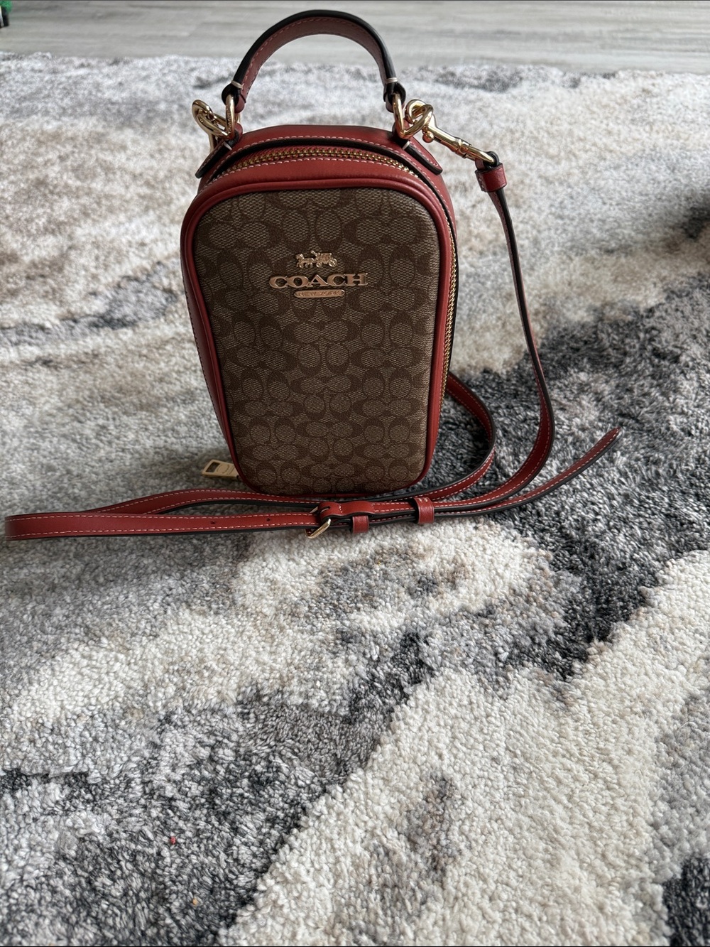 Coach Brown Signature Canvas with Red Trim Crossbody